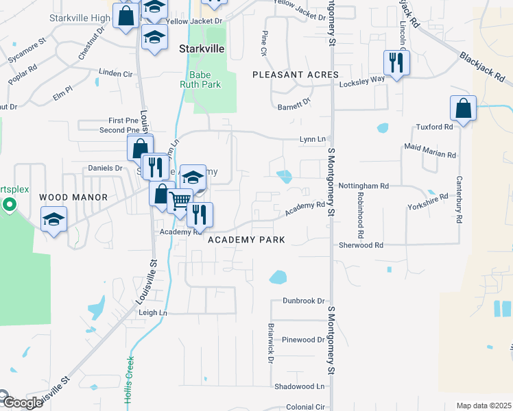 map of restaurants, bars, coffee shops, grocery stores, and more near 117 Charleston Drive in Starkville