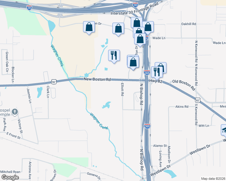 map of restaurants, bars, coffee shops, grocery stores, and more near 601-699 Elliott Lane in Texarkana