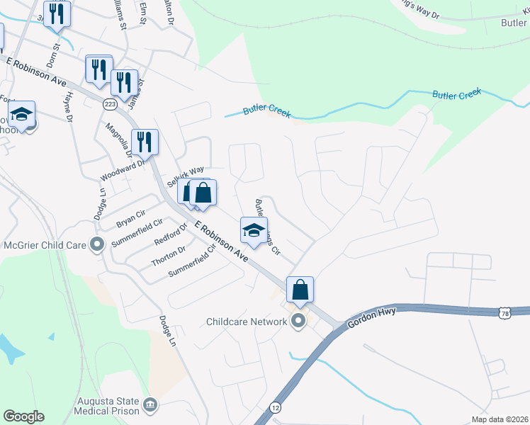 map of restaurants, bars, coffee shops, grocery stores, and more near 640 Butler Springs Circle in Grovetown