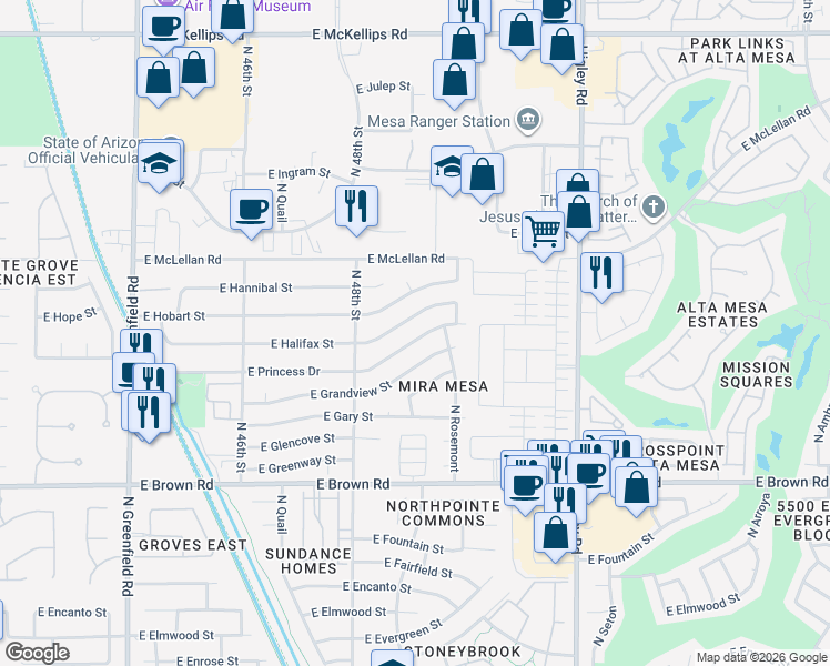 map of restaurants, bars, coffee shops, grocery stores, and more near 4846 East Halifax Street in Mesa