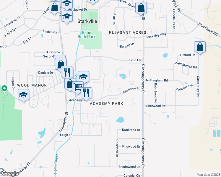 map of restaurants, bars, coffee shops, grocery stores, and more near 117 Charleston Drive in Starkville
