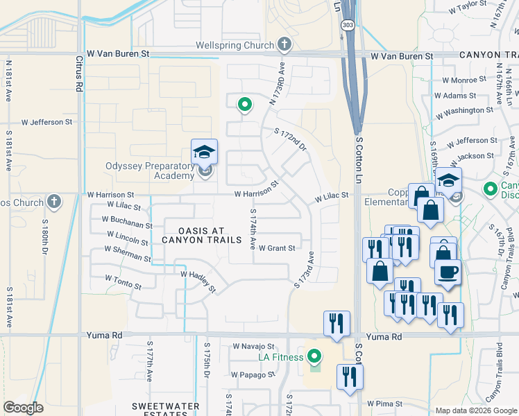 map of restaurants, bars, coffee shops, grocery stores, and more near 17385 West Lilac Street in Goodyear