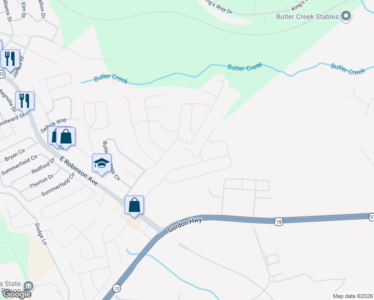 map of restaurants, bars, coffee shops, grocery stores, and more near Vine Lane in Grovetown