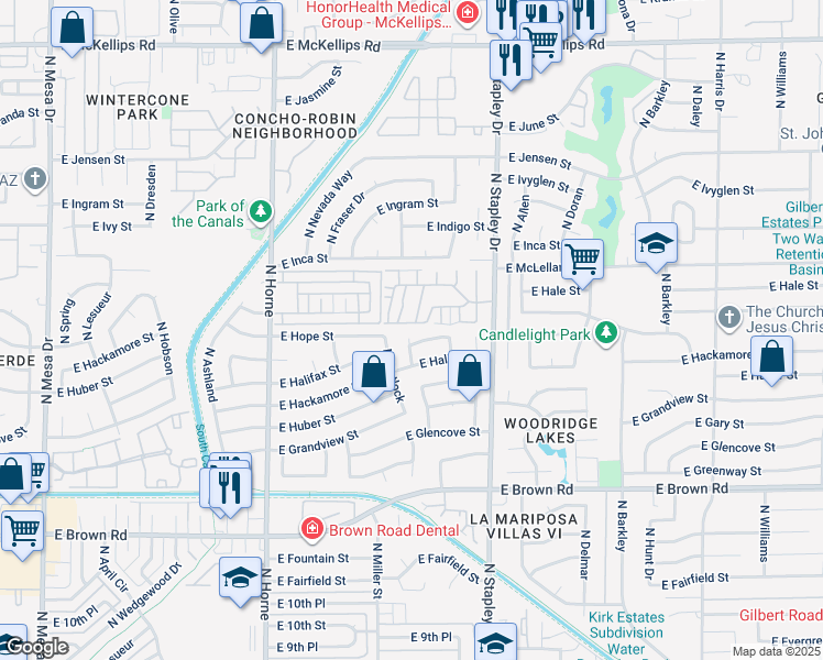 map of restaurants, bars, coffee shops, grocery stores, and more near 1445 North Amber in Mesa