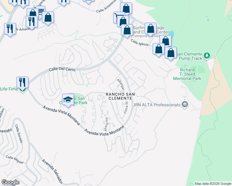 map of restaurants, bars, coffee shops, grocery stores, and more near 43 Optima in San Clemente