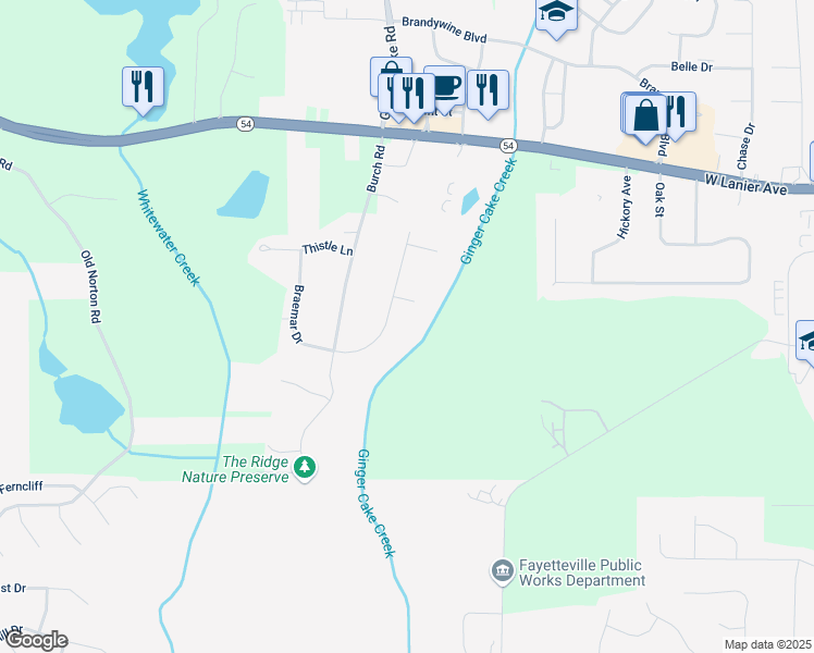 map of restaurants, bars, coffee shops, grocery stores, and more near 285 Braemar Road in Fayetteville