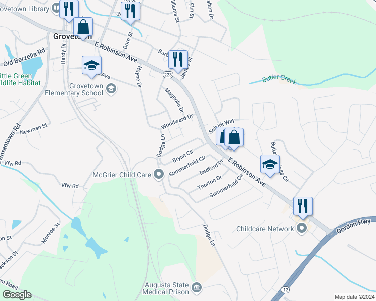map of restaurants, bars, coffee shops, grocery stores, and more near 923 Bryan Circle in Grovetown