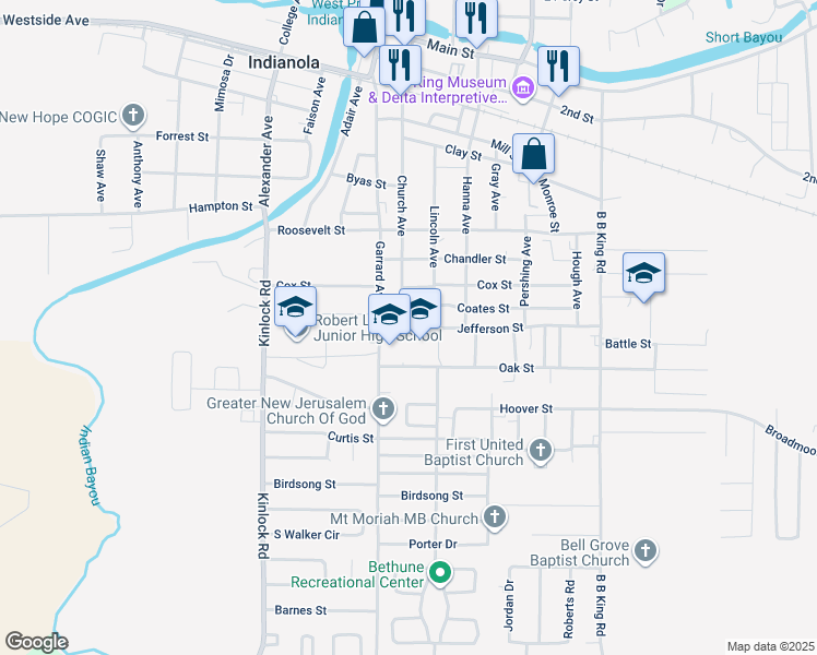 map of restaurants, bars, coffee shops, grocery stores, and more near 404 Jefferson Street in Indianola