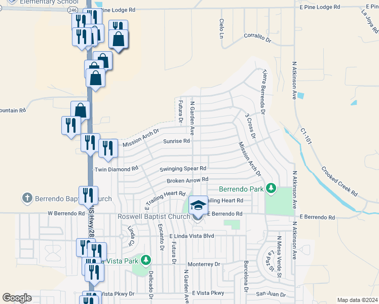 map of restaurants, bars, coffee shops, grocery stores, and more near 613 Twin Diamond Road in Roswell