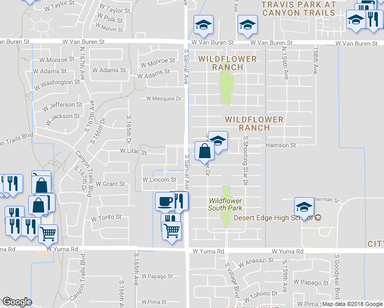 map of restaurants, bars, coffee shops, grocery stores, and more near 17671 Lilac Street in Goodyear