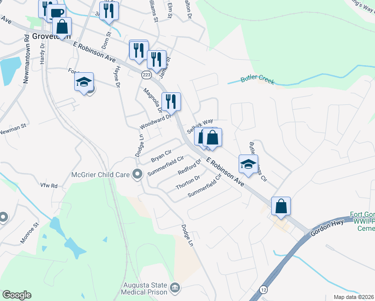 map of restaurants, bars, coffee shops, grocery stores, and more near 124 Summerfield Circle in Grovetown