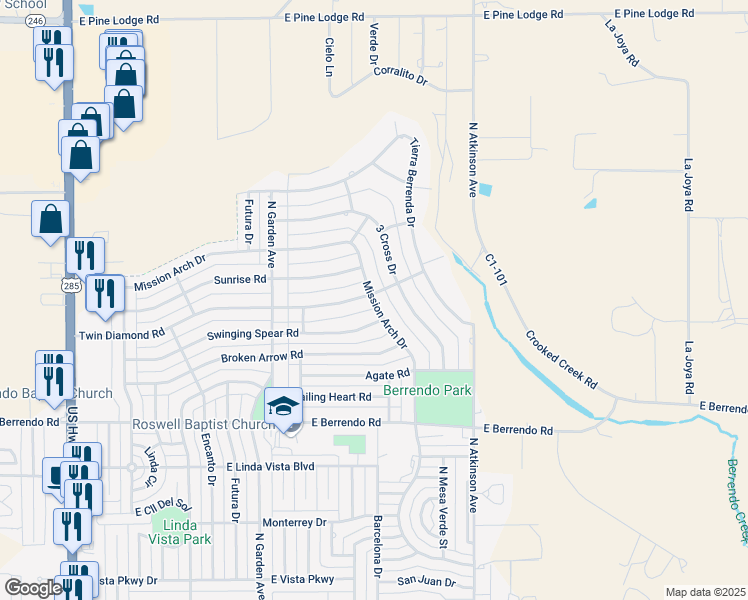 map of restaurants, bars, coffee shops, grocery stores, and more near 3599 Mission Arch Dr in Roswell