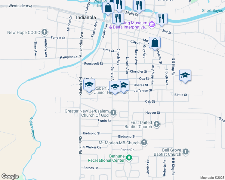 map of restaurants, bars, coffee shops, grocery stores, and more near 300 Jefferson Street in Indianola