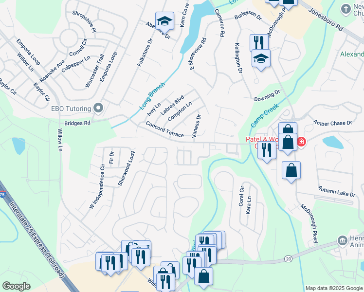 map of restaurants, bars, coffee shops, grocery stores, and more near 545 Epris Lane in McDonough