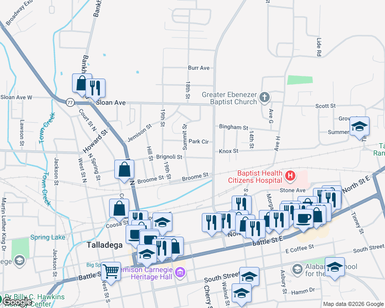 map of restaurants, bars, coffee shops, grocery stores, and more near 404 Brignola Street in Talladega