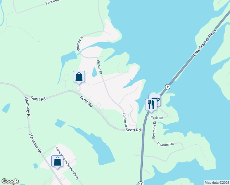 map of restaurants, bars, coffee shops, grocery stores, and more near 168 Ellman Drive in Eatonton