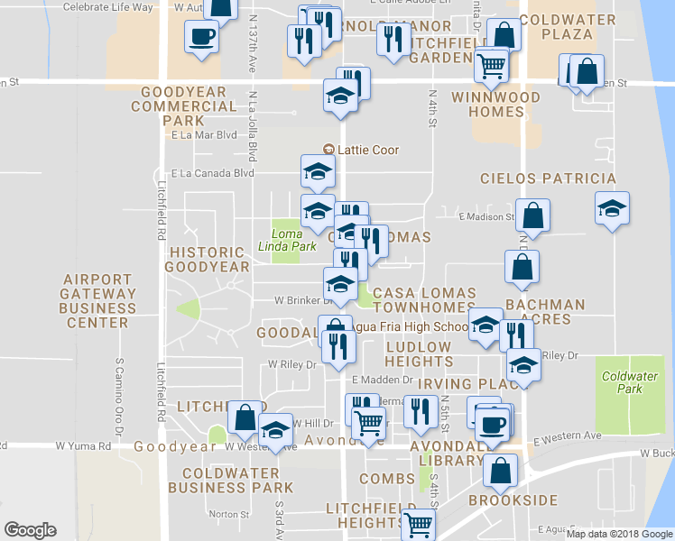 map of restaurants, bars, coffee shops, grocery stores, and more near 1 West Loma Linda Boulevard in Avondale