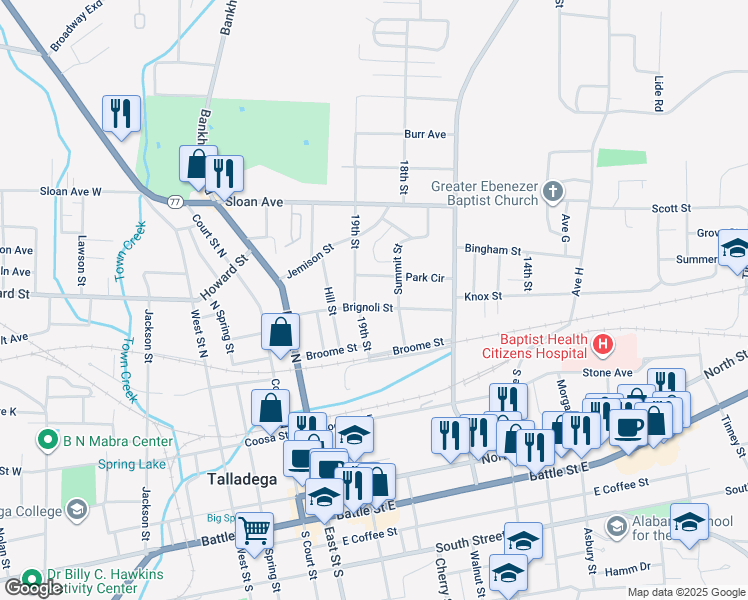 map of restaurants, bars, coffee shops, grocery stores, and more near 304 Brignola Street in Talladega