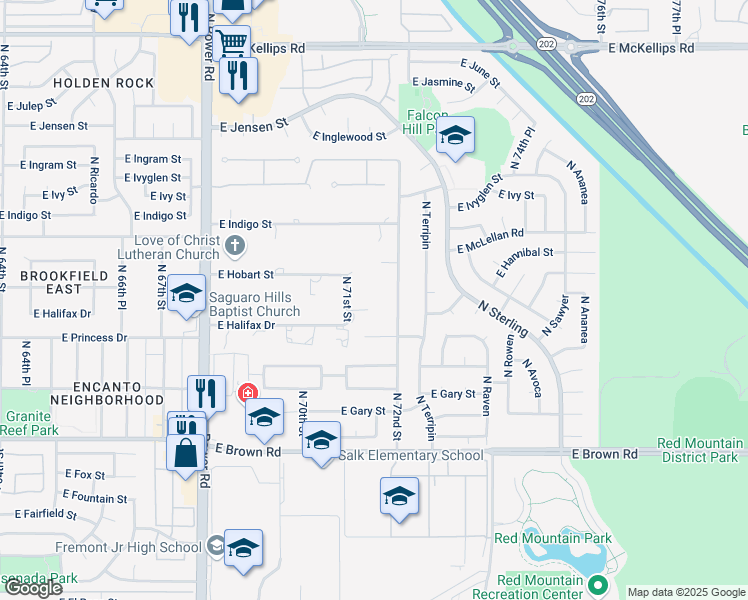 map of restaurants, bars, coffee shops, grocery stores, and more near 1465 North 72nd Street in Mesa