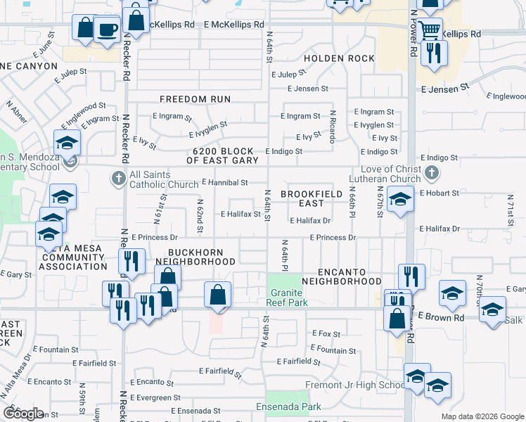 map of restaurants, bars, coffee shops, grocery stores, and more near 6364 East Halifax Street in Mesa
