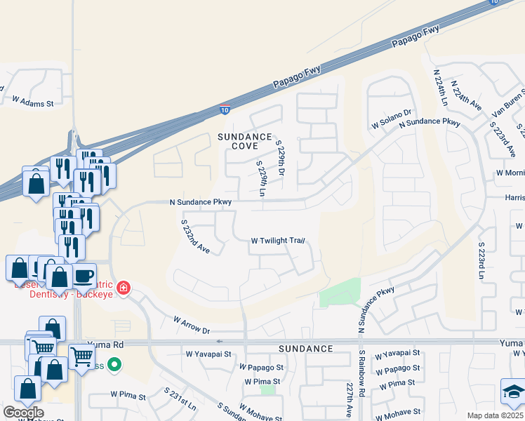 map of restaurants, bars, coffee shops, grocery stores, and more near South 229th Lane in Buckeye