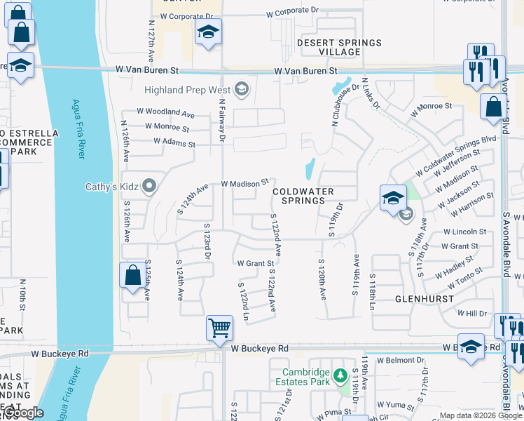 map of restaurants, bars, coffee shops, grocery stores, and more near 12210 West Harrison Street in Avondale