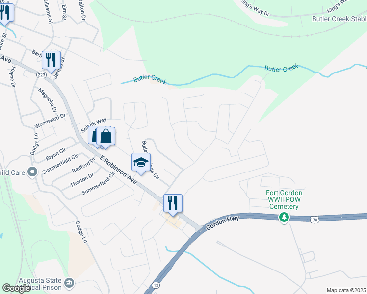 map of restaurants, bars, coffee shops, grocery stores, and more near 708 Porter Lane in Grovetown