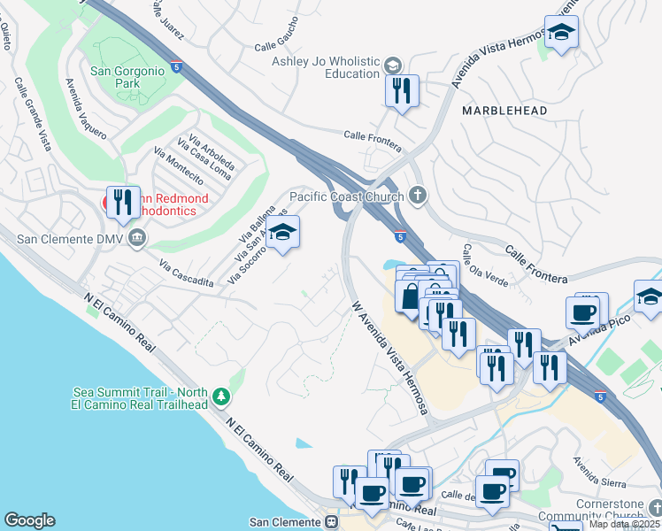 map of restaurants, bars, coffee shops, grocery stores, and more near 107 Via Murcia in San Clemente