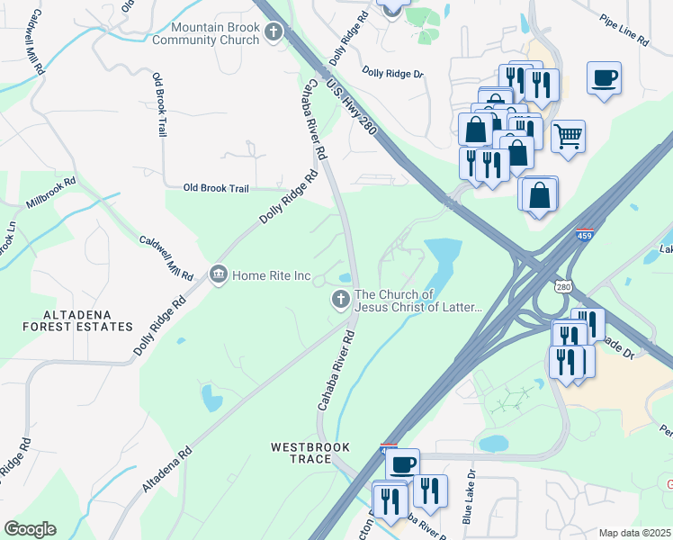 map of restaurants, bars, coffee shops, grocery stores, and more near 2551 Ashford Place in Birmingham