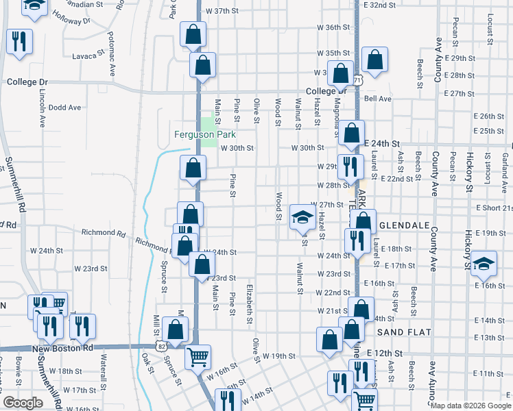 map of restaurants, bars, coffee shops, grocery stores, and more near 599 West 27th Street in Texarkana