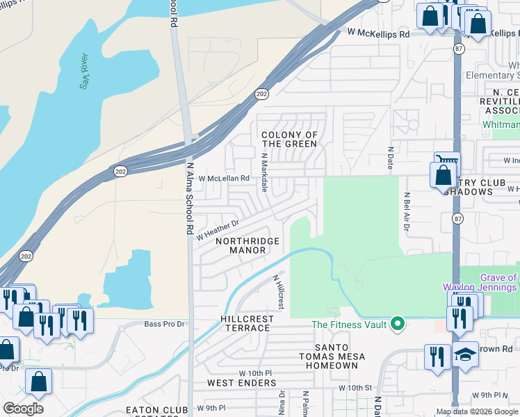 map of restaurants, bars, coffee shops, grocery stores, and more near 1002 W Hickory St in Mesa