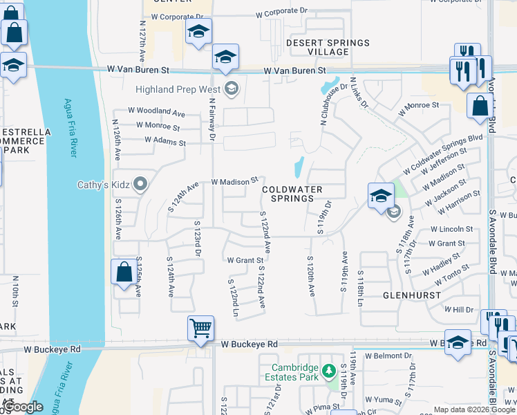 map of restaurants, bars, coffee shops, grocery stores, and more near 12210 West Harrison Street in Avondale