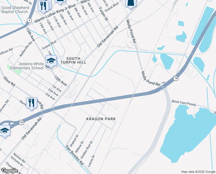 map of restaurants, bars, coffee shops, grocery stores, and more near 207 Wise Drive in Augusta