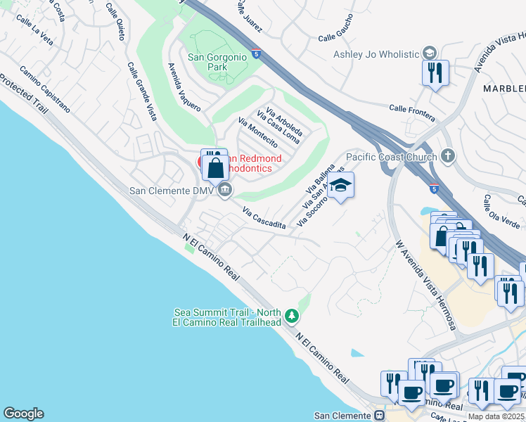 map of restaurants, bars, coffee shops, grocery stores, and more near 203 Via Senda in San Clemente