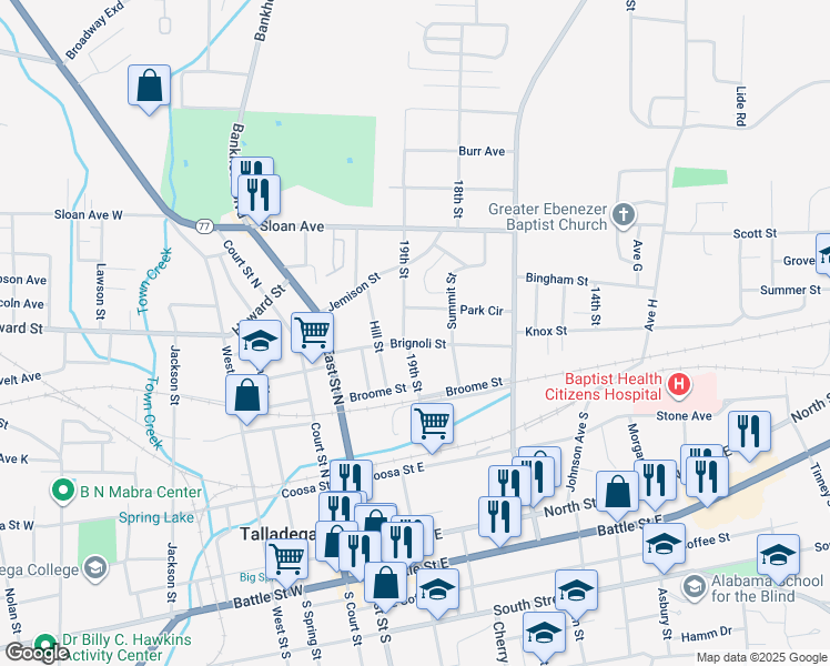 map of restaurants, bars, coffee shops, grocery stores, and more near 304 Brignola Street in Talladega