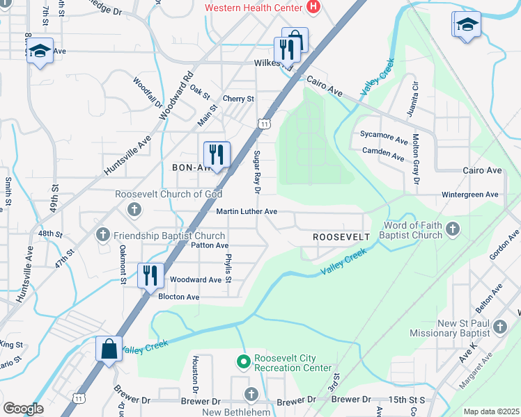 map of restaurants, bars, coffee shops, grocery stores, and more near 5848 Martin Luther Avenue in Birmingham