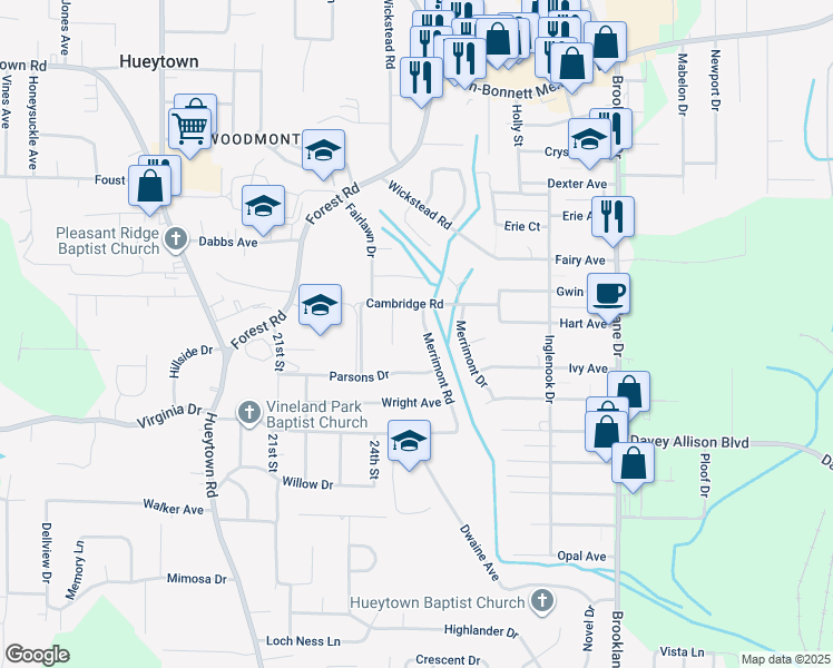 map of restaurants, bars, coffee shops, grocery stores, and more near 55 Merrimont Rd in Hueytown