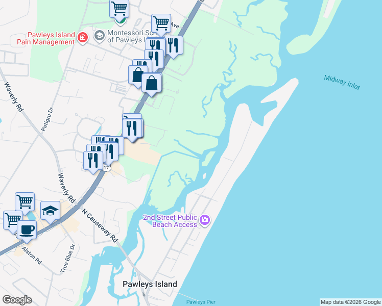map of restaurants, bars, coffee shops, grocery stores, and more near 116 County Road S-22-464 in Pawleys Island