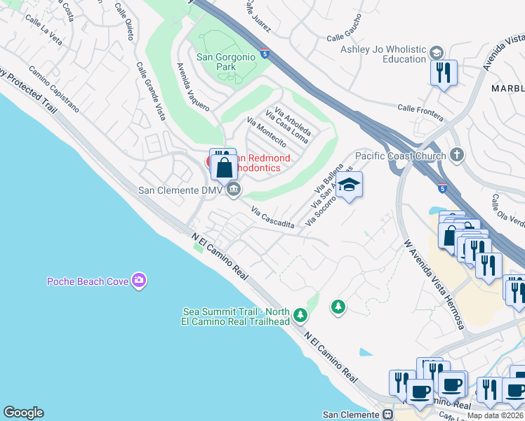 map of restaurants, bars, coffee shops, grocery stores, and more near 2622 Via Cascadita in San Clemente