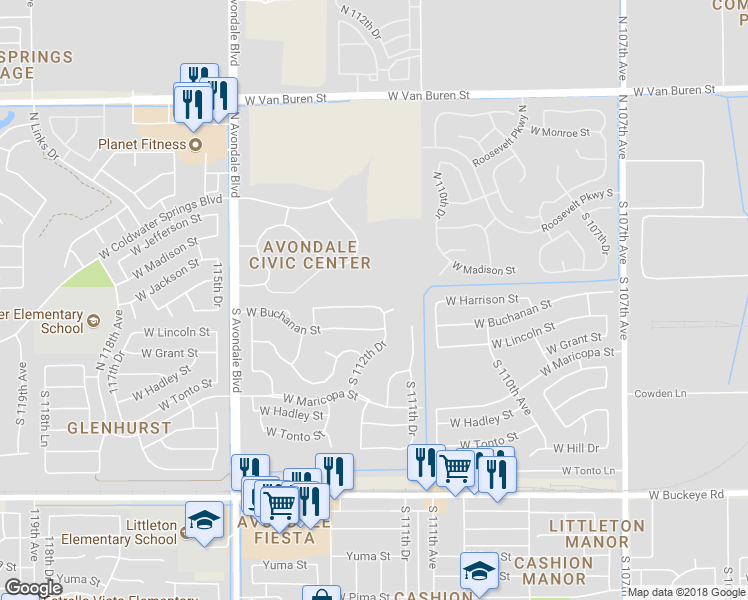 map of restaurants, bars, coffee shops, grocery stores, and more near 11262 West Harrison Street in Avondale
