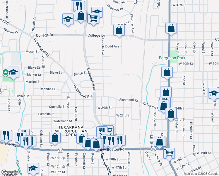 map of restaurants, bars, coffee shops, grocery stores, and more near 1716 Plant Street in Texarkana