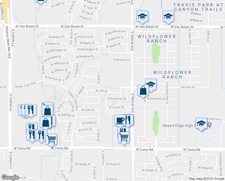 map of restaurants, bars, coffee shops, grocery stores, and more near 16450 West Lilac Street in Goodyear
