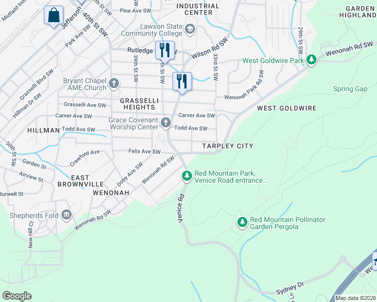 map of restaurants, bars, coffee shops, grocery stores, and more near 3502 Wenonah Road Southwest in Birmingham