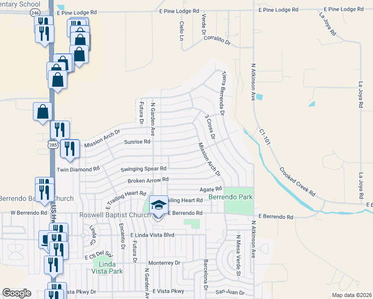 map of restaurants, bars, coffee shops, grocery stores, and more near 707-899 Twin Diamond Rd in Roswell