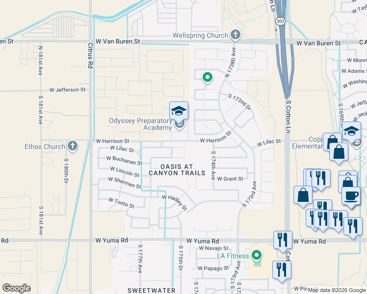 map of restaurants, bars, coffee shops, grocery stores, and more near West Lilac Street in Goodyear
