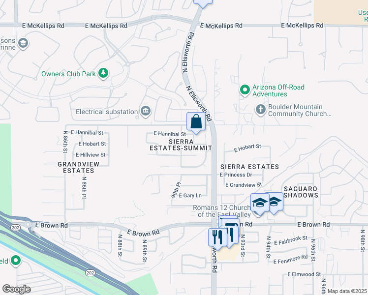 map of restaurants, bars, coffee shops, grocery stores, and more near 9035 East Hobart Street in Mesa