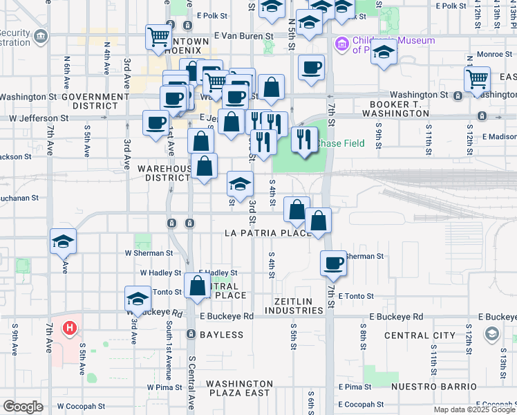 map of restaurants, bars, coffee shops, grocery stores, and more near 521 South 3rd Street in Phoenix