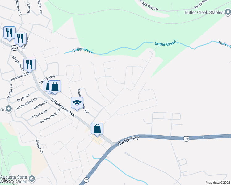 map of restaurants, bars, coffee shops, grocery stores, and more near 800 Shirez Drive in Grovetown