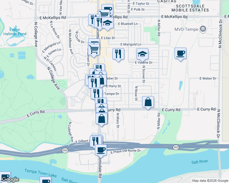 map of restaurants, bars, coffee shops, grocery stores, and more near 1010 East Tempe Drive in Tempe