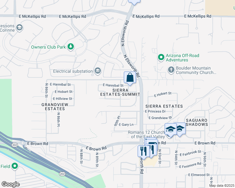 map of restaurants, bars, coffee shops, grocery stores, and more near 9035 East Hobart Street in Mesa